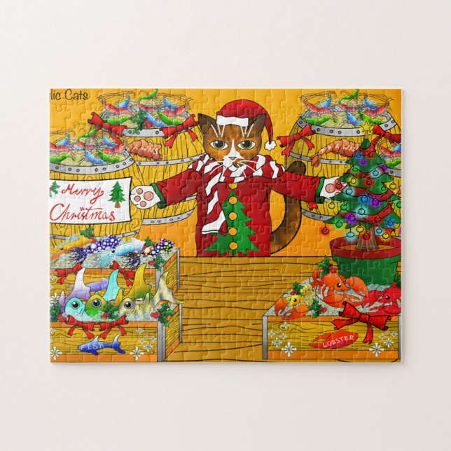 Puzzle Marché de poisson de Noël Stand Chat (Horizontal)