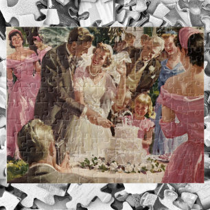 Puzzle Mariés de mariage vintage coupent le gâteau