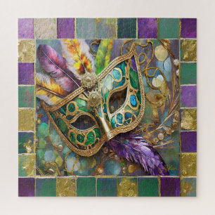 Puzzle Masque de plumes colorées vert et or de Mardi Gras