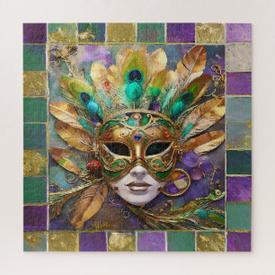 Puzzle Masque de plumes de paon vert et or de Mardi Gras