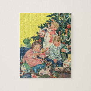 Puzzle Matin de Noël vintage, enfants ouvrant des cadeaux