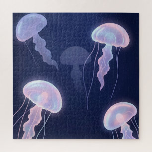 Puzzle Méduses iridescentes lumineuses bleu profond rose