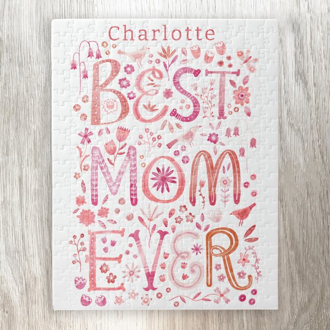 Puzzle Meilleure couleur d'eau personnalisée pour maman (Best Mom Ever personalized name jigsaw with hand lettered watercolor detail)