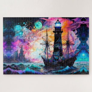 Puzzle Mer orageuse, phare de bateau Lune Abstrait