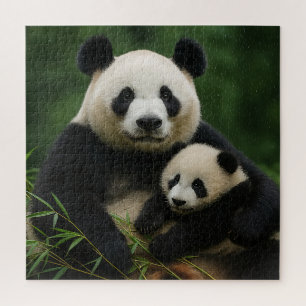 Puzzle Mère panda et petit dans une pluie douce