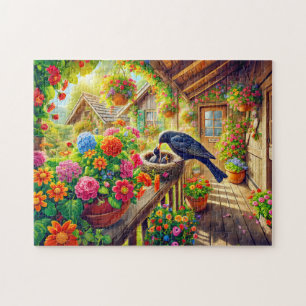 Puzzle Merle nourrissant des poussins dans un nid