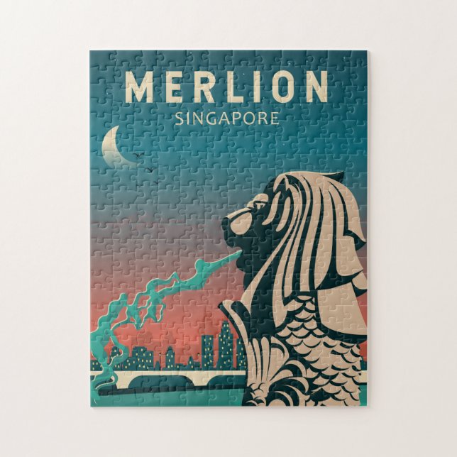 Puzzle Merlion Singapore Travel Vintage Art (Vertical)
