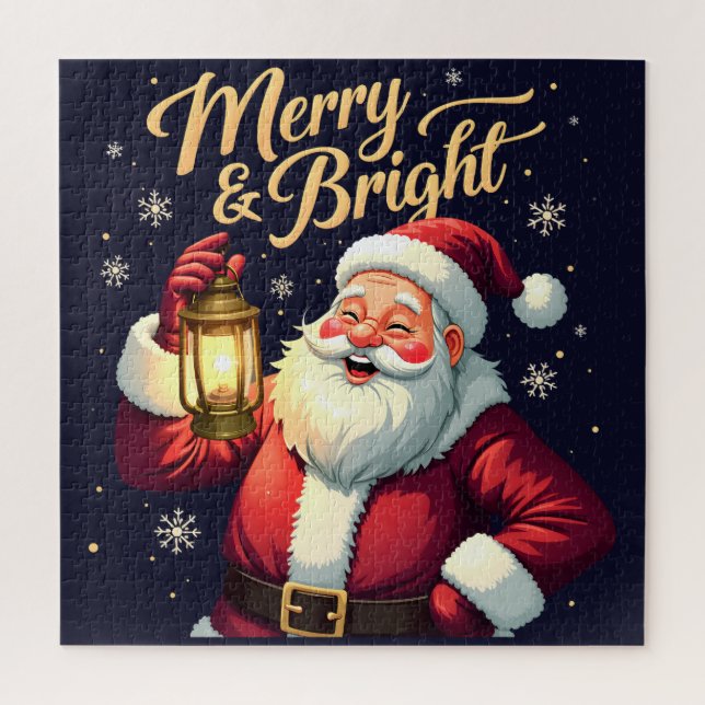 Puzzle Merry Bright Santa Holding Lantern Illustration (Vertical)