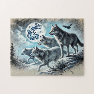 Puzzle Meute de loups courant au clair de lune