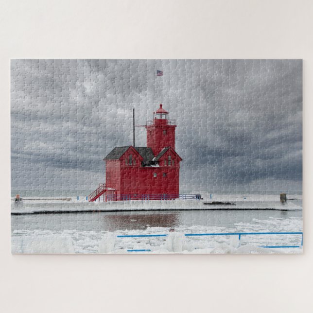 Puzzle Michigan Red Lighthouse en hiver (Horizontal)