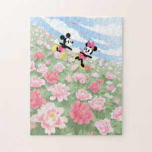 Puzzle Mickey & Minnie courant dans un champ de fleurs