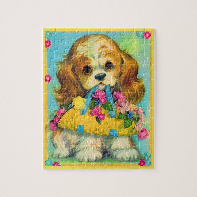 Puzzle mignon chiot tenant panier de fleurs (Vertical)