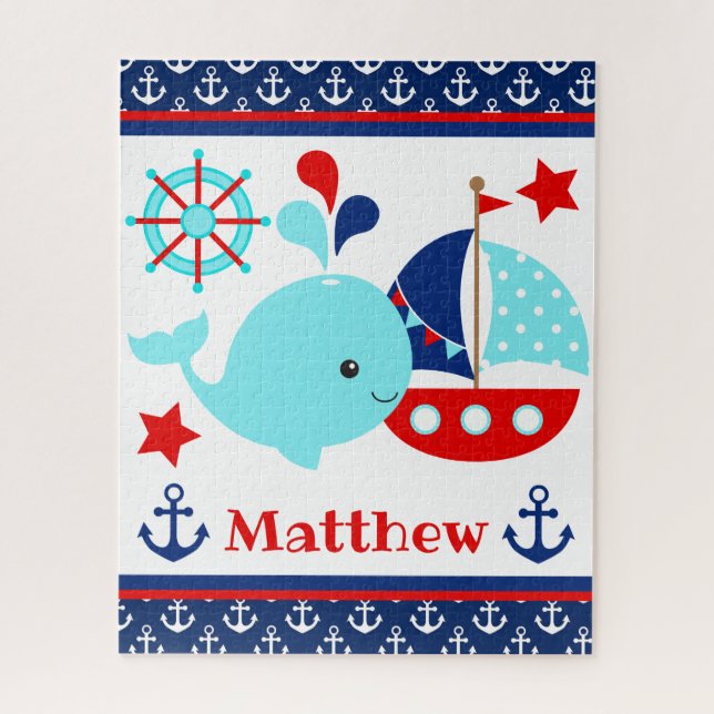 Puzzle Mignon motif baleine bleue et ancres nautiques (Vertical)