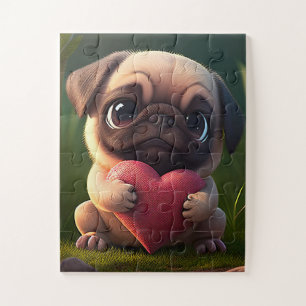 Puzzle Mignon Pug tenant un cœur