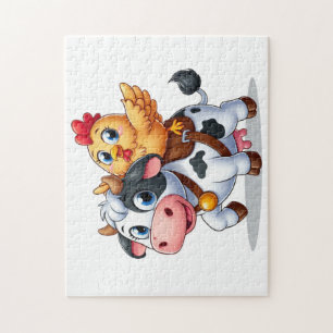 Puzzle mignon vache/poulet caricature
