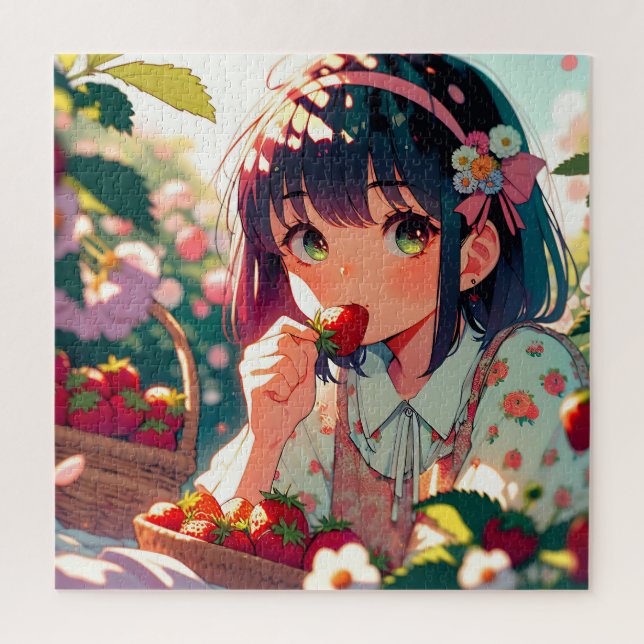 Puzzle Mignonne Anime Girl Mange des fraises | Jour d'été (Vertical)