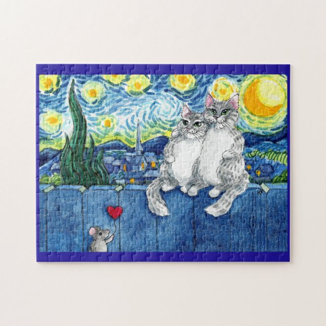Puzzle Mignonne couple de chat, souris Starry Night puzzl (Horizontal)