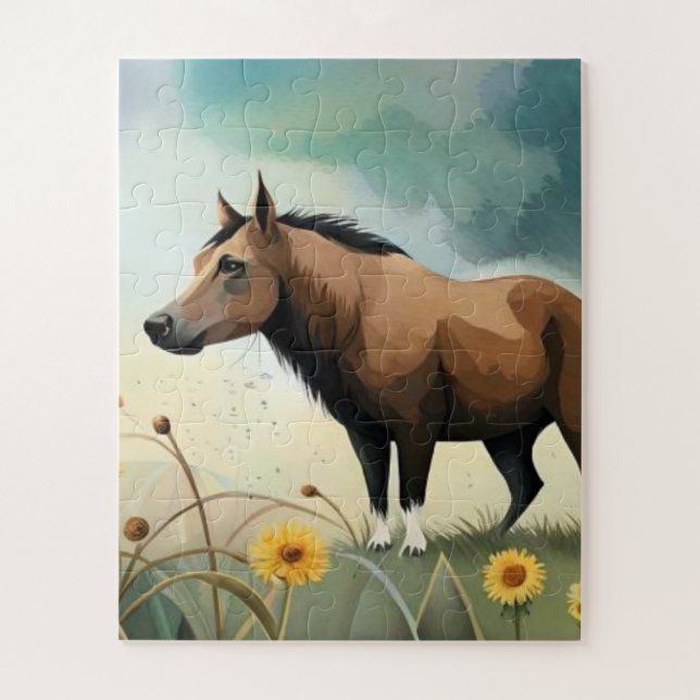Puzzle Mignonne poney brun dans le champ floral (Vertical)