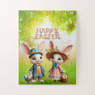 Puzzle Mignonne, Whimsical Joyeuse Pâques avec 2 lapins