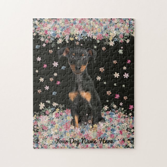 Puzzle Miniature Pinscher terrain de fleurs assis (Vertical)