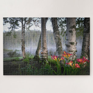 Puzzle Misty Morning Lake Birch Trees Nature Paysage