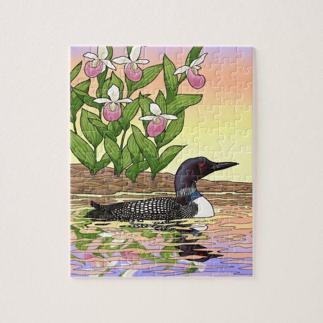 Puzzle MN State Bird Flower Loon Lady Slipper (Vertical)
