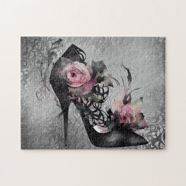 Puzzle Mode gothique Stiletto talon avec Roses rose mauve (Horizontal)