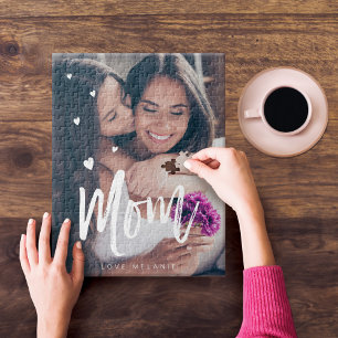 Puzzle Mom Script & Hearts Overlay Modern Photo Family