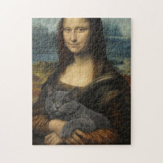 Puzzle Mona Lisa tenant un élégant chat gris             