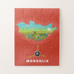 Puzzle Mongolie Carte illustrée affiche touristique.