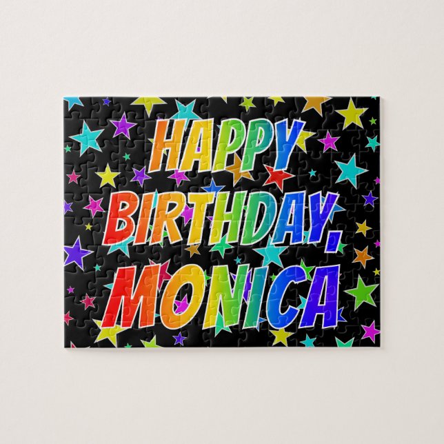 Puzzle "MONICA" Prénom, "HEUREUX ANNIVERSAIRE" (Horizontal)
