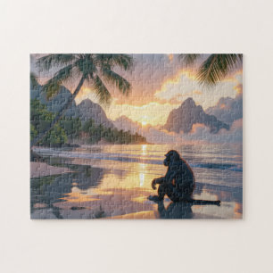 Puzzle Monkey regardant le coucher du soleil sur la plage