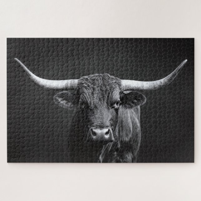 Puzzle Monochrome Longhorn Steer Cattle (Horizontal)