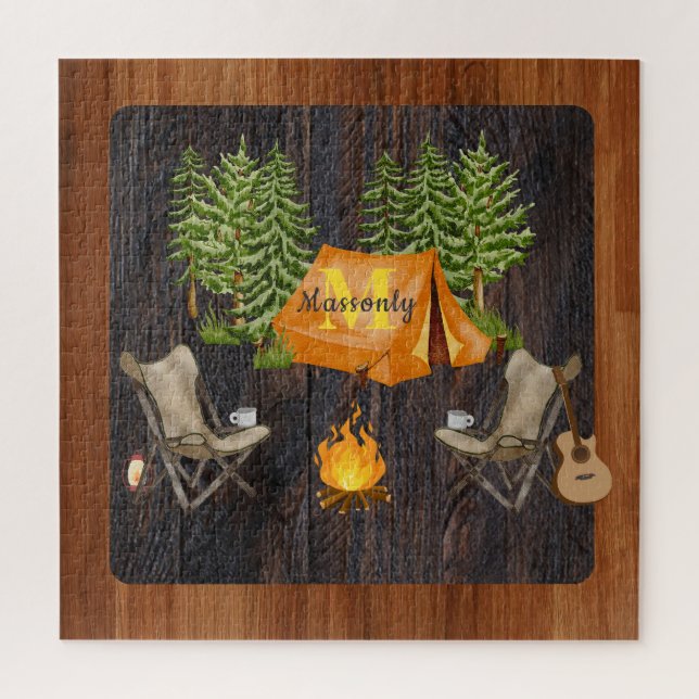 Puzzle Monogramme de camping rustique en bois (Vertical)