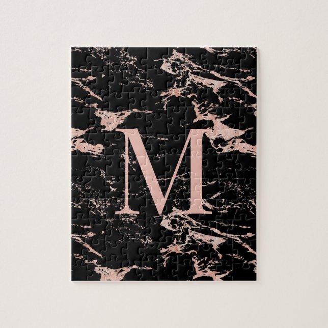 Puzzle Monogramme de Rose Gold Foil en marbre noir de lux (Vertical)