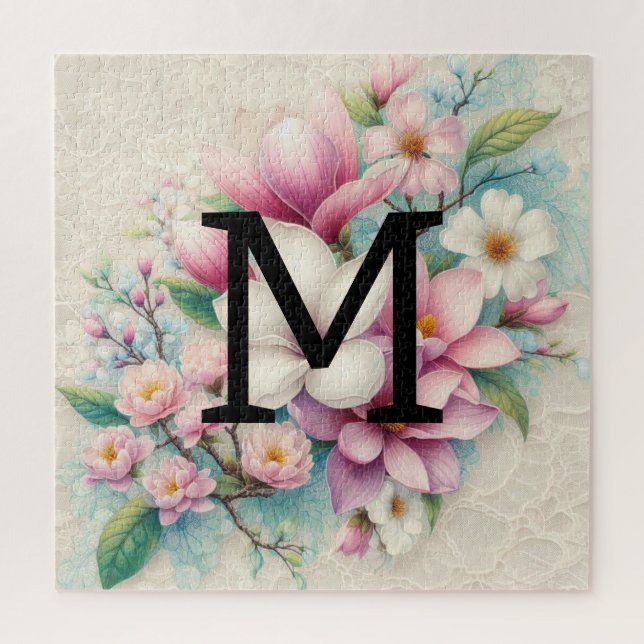 Puzzle Monogramme dentelle rose violet fleurs de magnolia (Vertical)