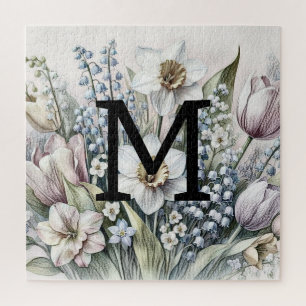 Puzzle Monogramme floral dessin tulipes roses jonquilles