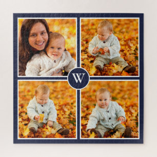 Puzzle Monogramme moderne 4 Photo Collage sur bleu marine