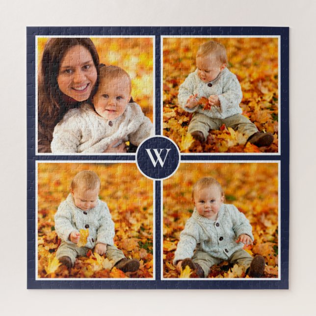 Puzzle Monogramme moderne 4 Photo Collage sur bleu marine (Vertical)