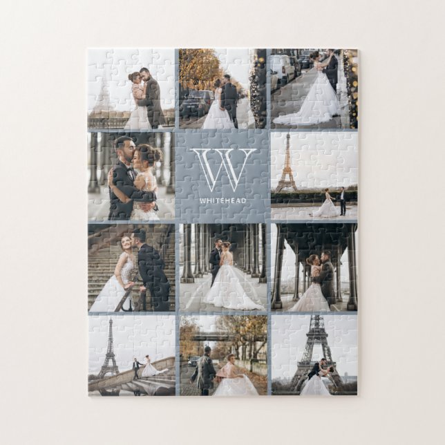 Puzzle Monogramme Moderne 9 Photo Collage Dusty Blue (Vertical)