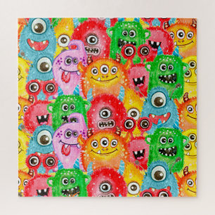 Puzzle Monstres Drôle, Aquarelle Motif sans couture.