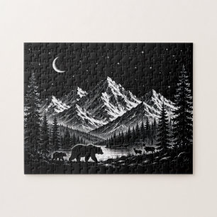 Puzzle Montagne mystique, nuit sauvage, style de linograv