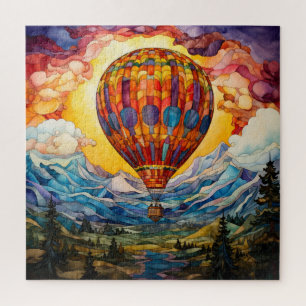 Puzzle Montgolfière en vitrail au coucher du soleil sur l