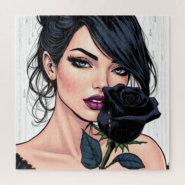Puzzle Moody Gothic Woman with Rose  Dark Aesthetic (Vertical)