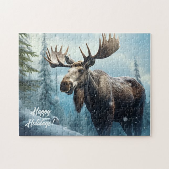 Puzzle Moose d'hiver de texte personnalisé (Horizontal)