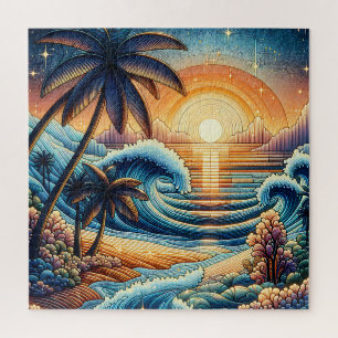 Puzzle Mosaic Ai Art   Coucher de soleil et palmiers océa