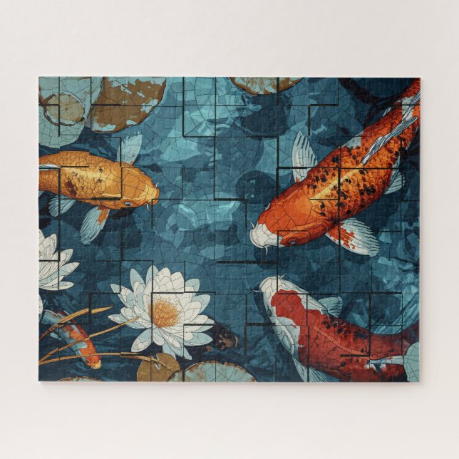 Puzzle Mosaic Art Koi Fish Pond illustration design (Horizontal)