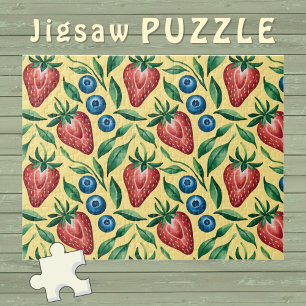 Puzzle Motif aquarelle fraise myrtille sur fond jaune 