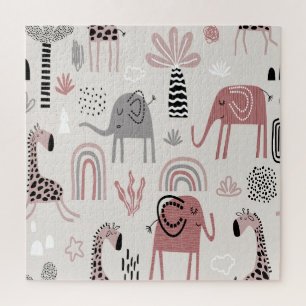 Puzzle motif avec des éléphants et des girafes mignons gé