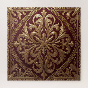 Puzzle Motif d'acanthe doré orné Baroque rouge profond